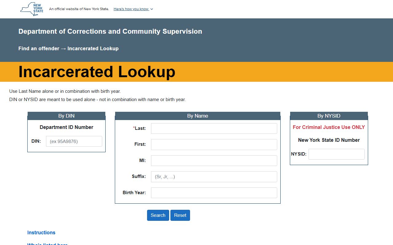 DOCCS incarcerated lookup page for New York inmate population search