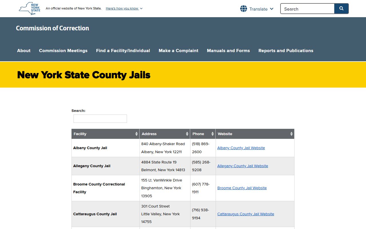 New York SCOC county jail directory for jail custody search