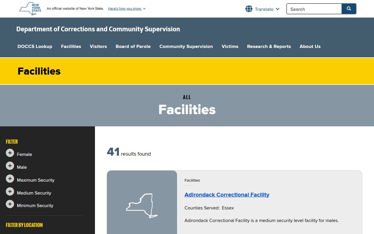 New York DOCCS facility directory for state inmate population