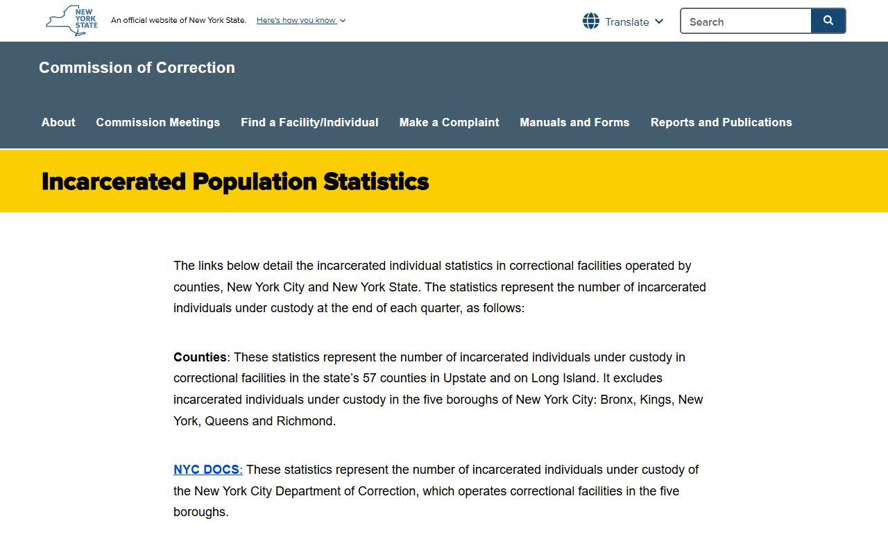 New York inmate population SCOC incarcerated population statistics